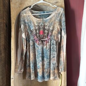 Women's Fairy Multicolor Long Sleeve Mesh Tunic Medium NWT